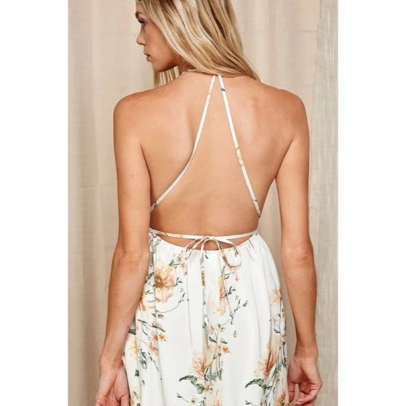 White Floral Print Halter Open Back Maxi Full Long Length Dress Gown W/ Slit - Picture 7 of 7